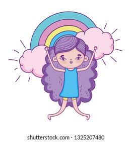 little girl with rainbow in the clouds