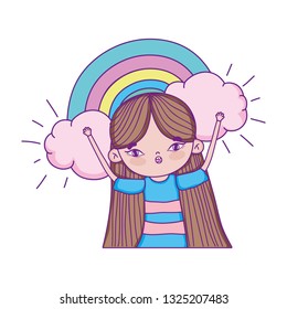 little girl with rainbow in the clouds