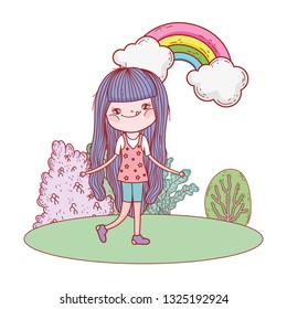 little girl with rainbow in the landscape