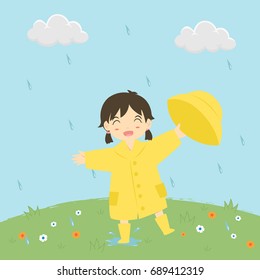 little girl in raincoat holding her rain hat happily playing under the rain, cartoon vector illustration. 