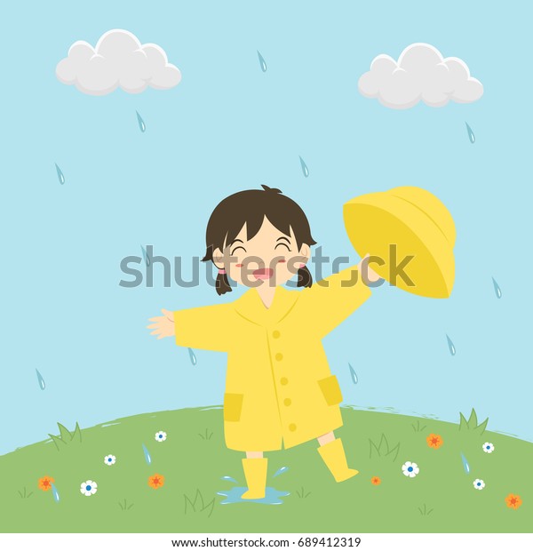 little girl in\
raincoat holding her rain hat happily playing under the rain,\
cartoon vector illustration.\
