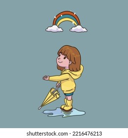 Little Girl in rainy Day series - She close the umbrella after Rain and there is a rainbow illustration vector