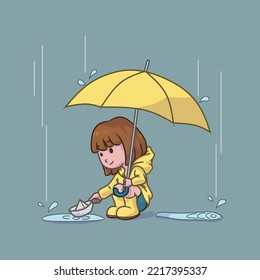 Little Girl in rainy Day series -  Girl crouch and lay down a paper boat illustration vector