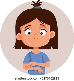 
Little Girl with a Rash Scratching her Arm Vector Cartoon Illustration. Child suffering from Painful pruritus caused by an allergic reaction 
