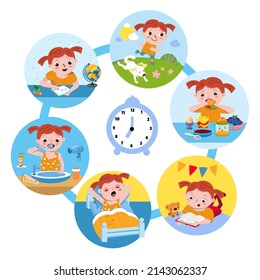 Little girl read book, do homework, play, wake up, eat, brush teeth. Healthy daily morning vector illustration. Children activity. Education and rest. Cute cartoon character.