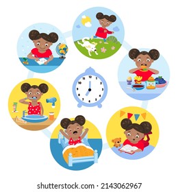 Little girl read book, do homework, play, wake up, eat, brush teeth. Healthy daily morning vector illustration. Children activity. Education and recreation. Cute cartoon character.