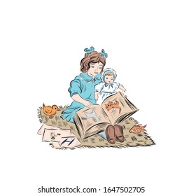 Little girl read book to doll. Children's girls' games.