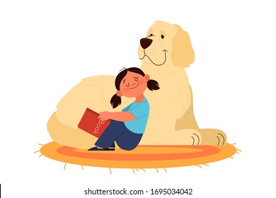 Little Girl Read To Her Dog. Happy Kid And Pet Spend Time Together At Home. Friendship Between Animal And Child. Isolated Vector Illustration In Cartoon Style