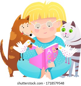 Little girl reading ABC book to cat and dog pets, sitting on floor holding open ABC book. Funny cute child study to read book, adorable preschooler kid character. Vector fun cartoon isolated clipart