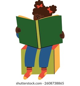 Little girl reading a big  book. Girl sitting and reading a large book. Learning and education in childhood.