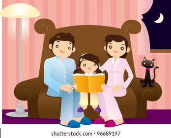 Little girl reading a book accompanied by her parents