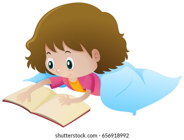 Little girl reading book alone illustration