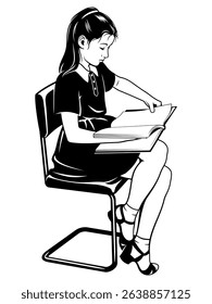 Little Girl Reading Book. Black and white vector illustration.