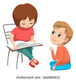 Little girl reading book to boy sitting on floor isolated on white. Elementary school kids, cute children cartoon characters flat vector illustration