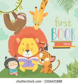 Little girl reading book with cartoon animal. Lion,tiger,giraffe,slot