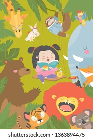 Little girl reading book with cartoon animal. Lion, tiger, giraffe, slot