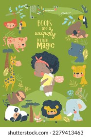 Little Girl reading Book with Cartoon Animal