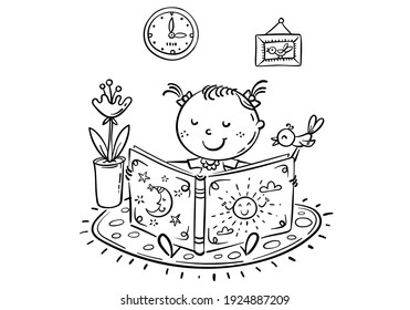 Little girl is reading a book, coloring page