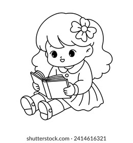 Little Girl Reading Book, Coloring Book Page