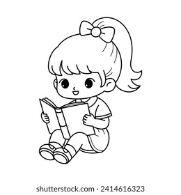 Little Girl Reading Book, Coloring Book Page