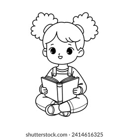 Little Girl Reading Book, Coloring Book Page