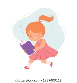 Little Girl Reading Book, Cute Kid Walking with Book, Children Education and Imagination Concept Cartoon Vector Illustration