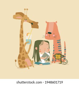 Little girl reading book with cute animals