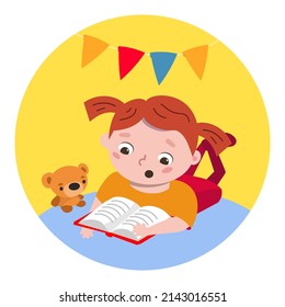 Little girl reading book. Everyday affairs. Education and rest. Сute cartoon character. Vector illustration for posters, kids book design.