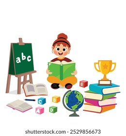 little girl reading book, Happy kid reads book. Studying and knowledge concept. illustration, vector