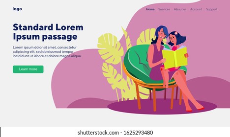 Little girl reading book with her mom. Mother and daughter spending time together flat vector illustration. Fairy tale, teaching, leisure concept for banner, website design or landing web page