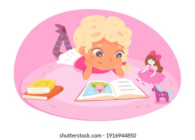 Little girl reading book at home. Happy clever child learning activity vector illustration. Kid lying on floor with books with picture, doll and toy. Bedroom interior background.