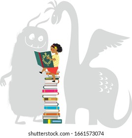 Little girl reading a book, imaginary monsters looking over her shoulder, EPS 8 vector illustration