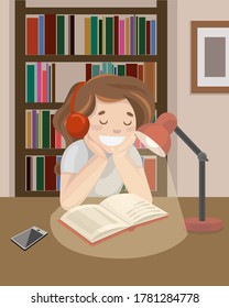 Little girl is reading a book at the library.  Quarantine - home schooling