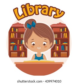 Little girl reading a book in library. Happy child is reading. Vector cartoon illustration.