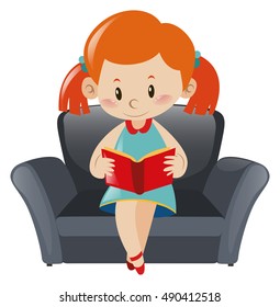 Little girl reading book on sofa illustration