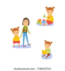 Little girl reading book, playing with toys, walking with mom, flat, comic style cartoon vector illustration isolated on white background. Cartoon little girl reading, playing, spending time with mom