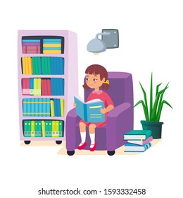 Little girl reading a book and sitting in armchair with bookshelf and wall lamp. Kids learning education concept.  Children’s intellectual hobby. Smart clever child. Vector illustration, cartoon flat 