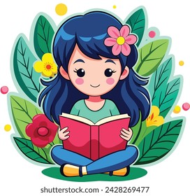 Little girl reading a book surrounded by flowers vector design illustration