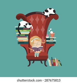 Little girl reading a book. Vector isolated illustration