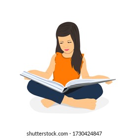 Little girl is reading a book while sitting. Distance learning. Home education. School girl girl doing homework. Child with a book in her hands. Bookcrossing.