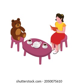 Niña pequeña leyendo libro mientras toma café con ilustraciones vectoriales isométricas de oso de peluche