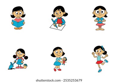 little girl reading a book, writing, doing yoga, gardening, playing with a doll and dancing vector illustrations