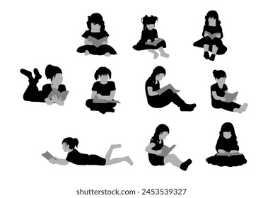 Little girl reading books silhouette, silhouettes of kid with a book, people standing, sitting and lying reading book