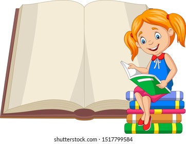 Little girl reading books sitting on pile of books