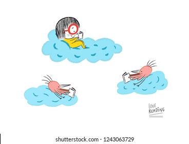 Little girl reading in the clouds accompanied by birds, vector illustration