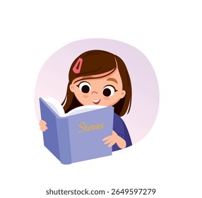 
Little girl is reading an exciting book, a fairy tale, a story, adventures, fantasy, siting a the table with a fabulous image in the background. Read book with curiosity and fascination