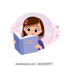 Garotinha está lendo um livro emocionante, um conto de fadas, uma história, aventuras, fantasia, sentado na mesa com uma imagem fabulosa no fundo. Ler livro com curiosidade e fascínio