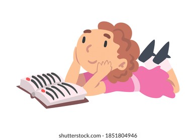 Little Girl Reading Fairy Tail Fantasy Book, Young Fan of Literature, Fairy Tales, Stories, Discoveries Cartoon Style Vector Illustration