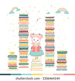 A little girl is reading a fairy tale story. Magical fantasy. Piles of books in the library. Vector cartoon illustration in pastel colors.