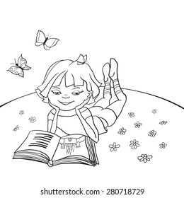 Little girl is reading a fairytale on a meadow. Hand drawn contour lines and strokes.